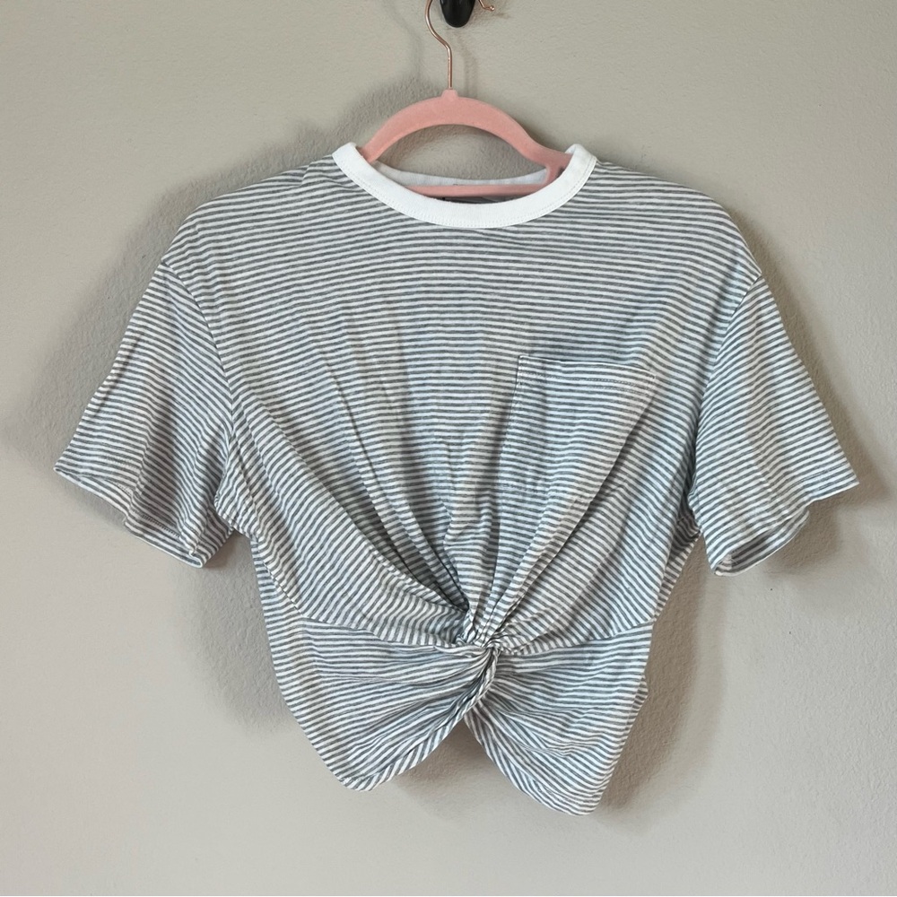 Alexander Wang Striped Knot Crop Tee Gray White Short Sleeve Pocket Cotton XS